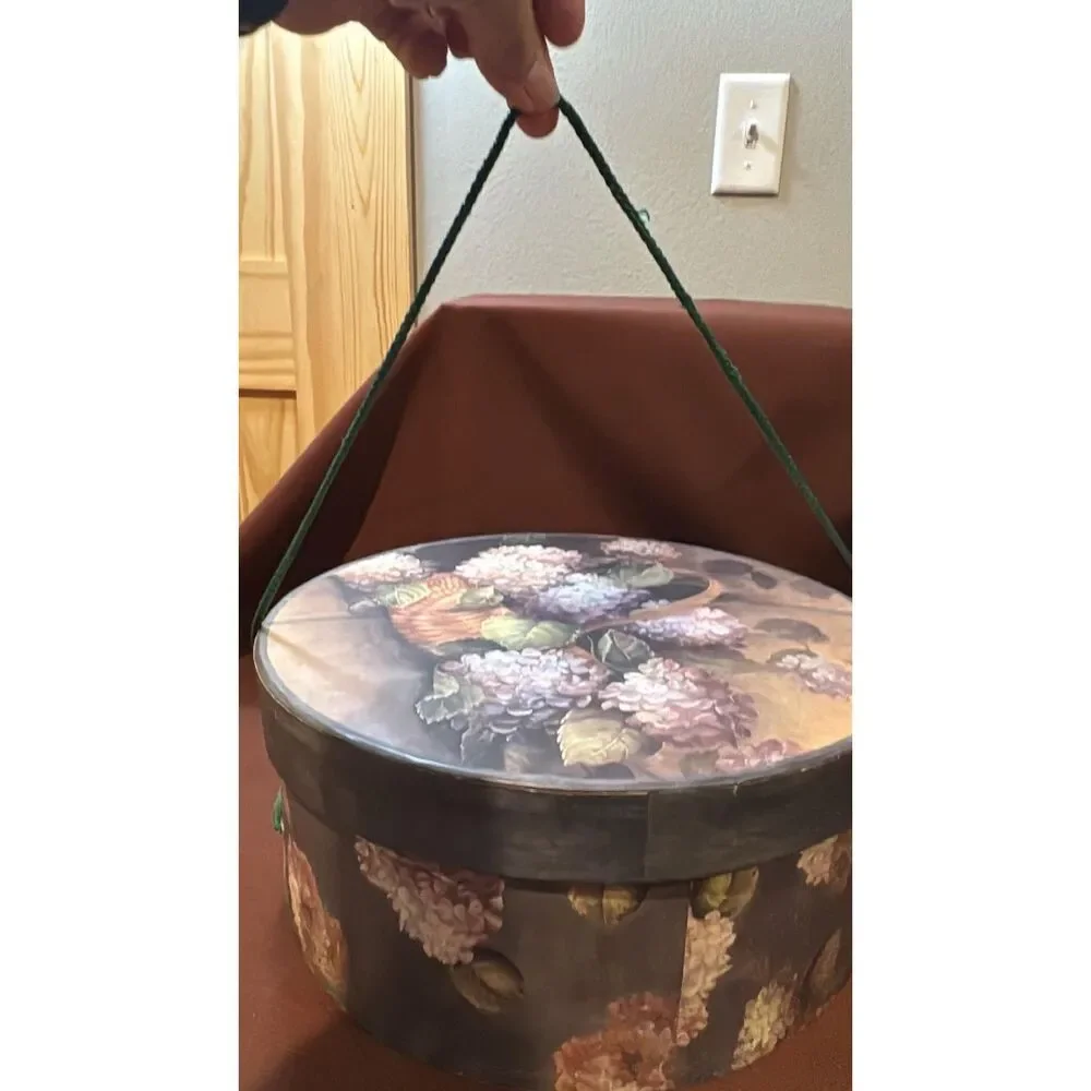 Vintage Flowered Cardboard Hat Box with Lid 15 inches Diameter
